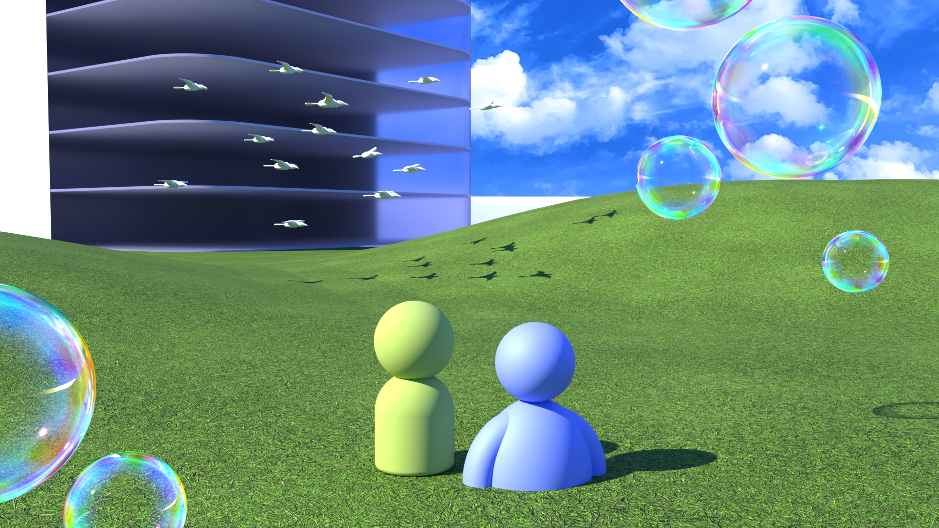 Beautiful picture of meeples in a frutiger field with seagulls in the background.